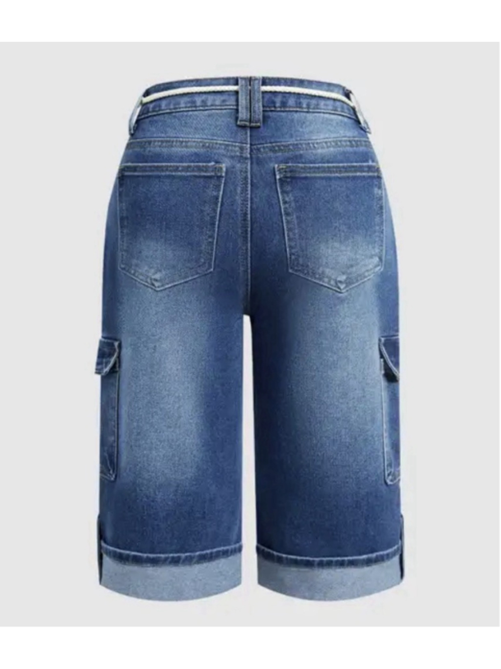 Wash Roll Hem Flap Pocket Belted Mid Rise Denim Bermuda Shorts “2XL - Picture 7 of 13